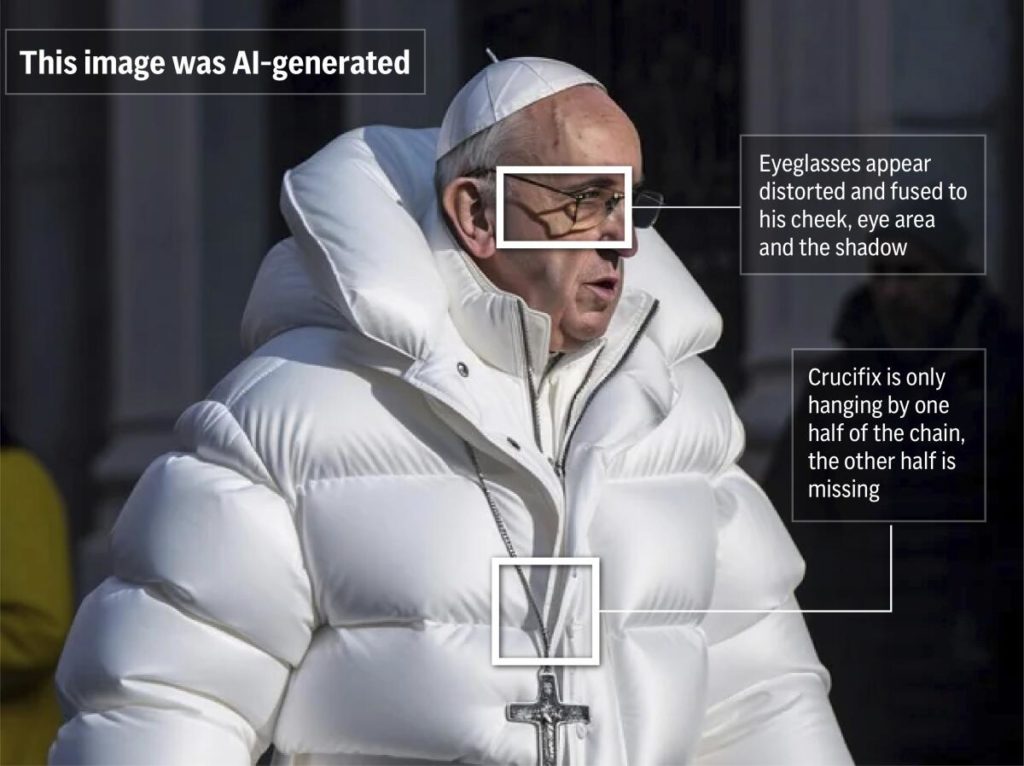 Deepfake image of the pope. Credit: Associated press